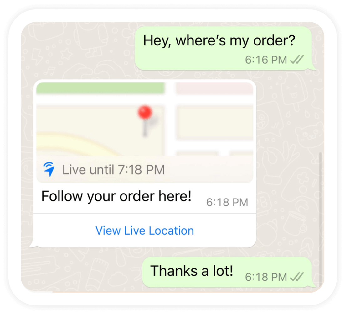 Conversa no WhatsApp em que um cliente pergunta sobre o pedido e recebe um link de localização em tempo real para acompanhar a entrega.